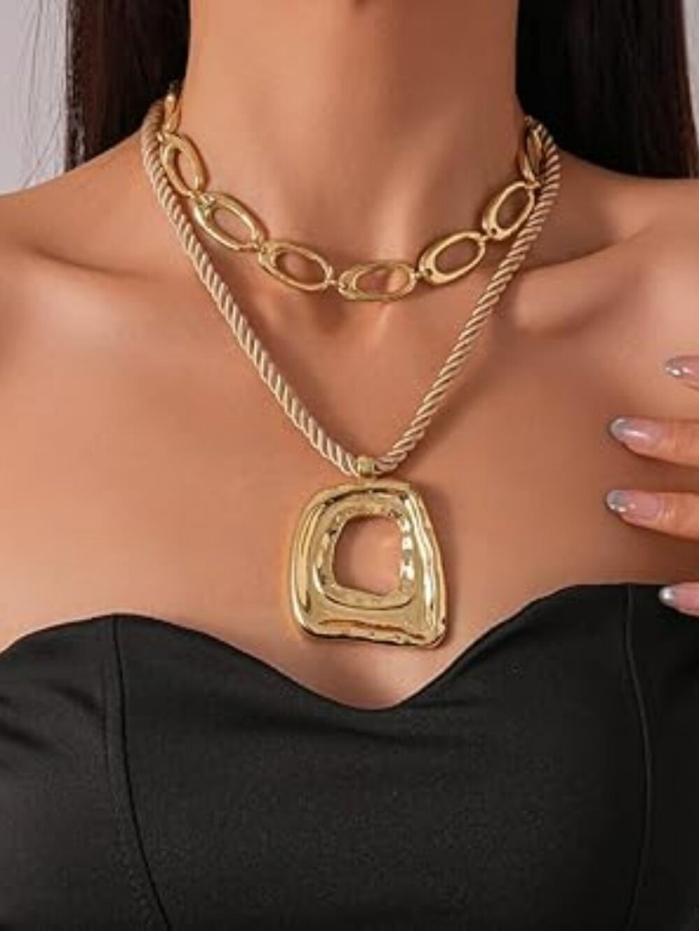 NEW Chunky Necklace Stacked Statement Layered Dual Unique Big Pendant Cuban